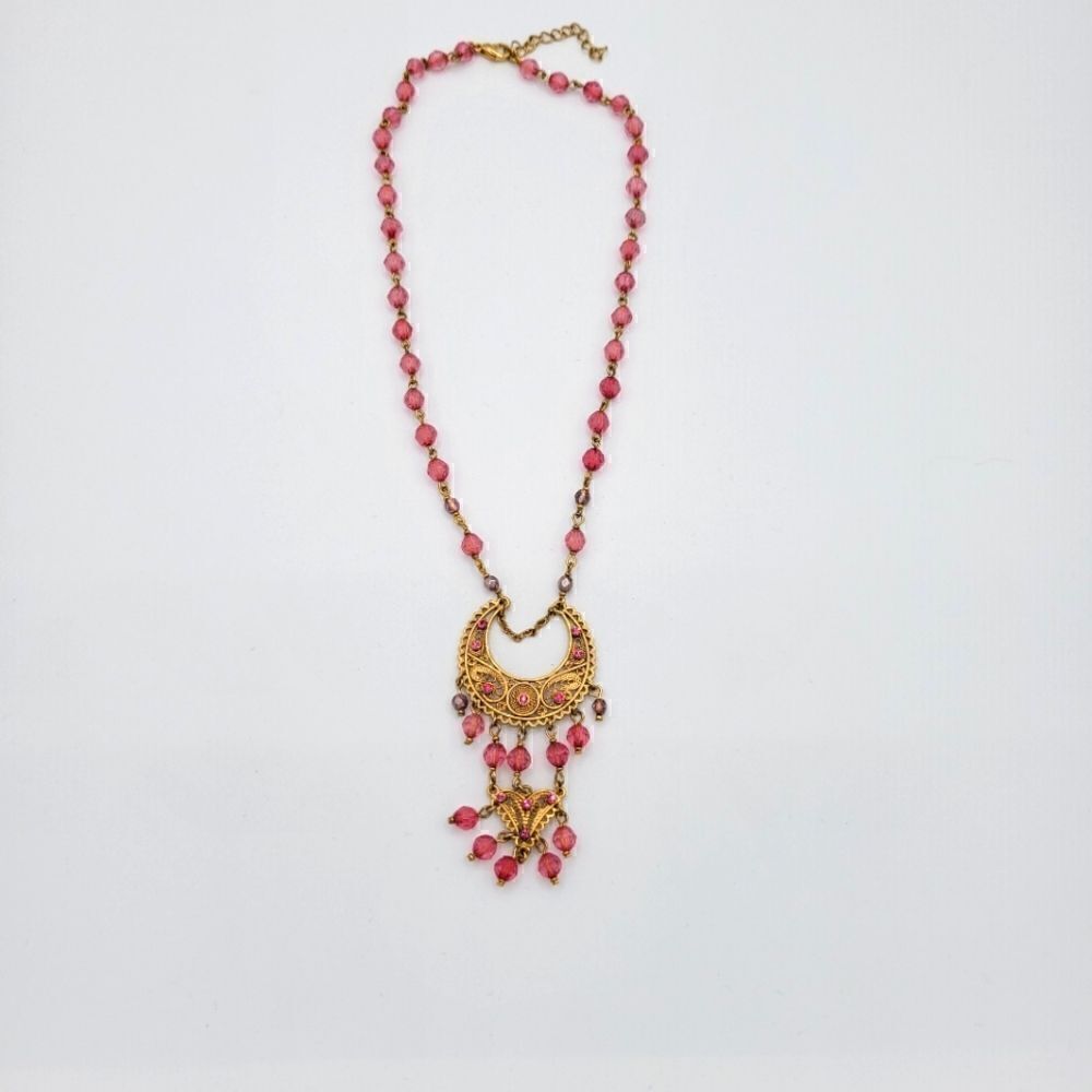 Half Moon and Pink Bead Accent Gold toned Necklace - Picture 3 of 5